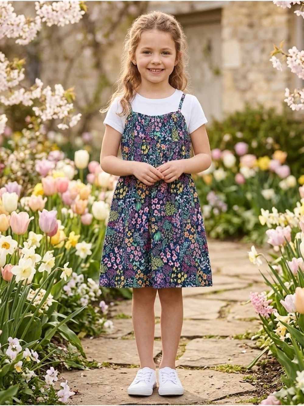 Girls Floral Cami Sundress in Navy with Flowers And Short Sleeve Tee! - Picture 1 of 9